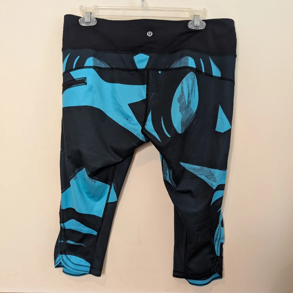 Lululemon Run Top Speed Crop Leggings Black Teal Print Size 12 - Picture 2 of 9